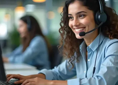 A friendly, smiling woman sits at a laptop in a call center with a headset on.