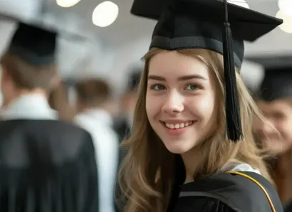 A young woman smiles at the camera at a graduation ceremony.