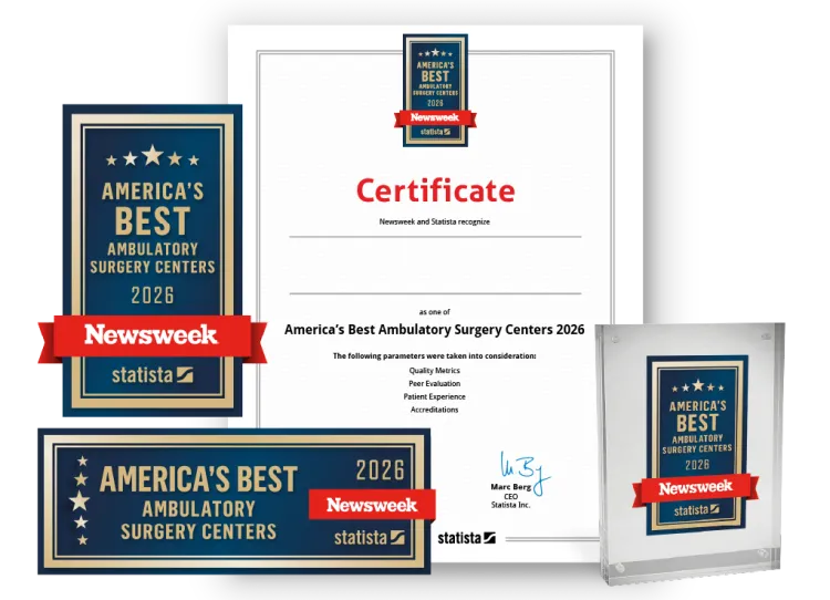 Statista and Newsweek logo, certificate and trophy mockup for America’s Best Ambulatory Surgery Centers 2026.