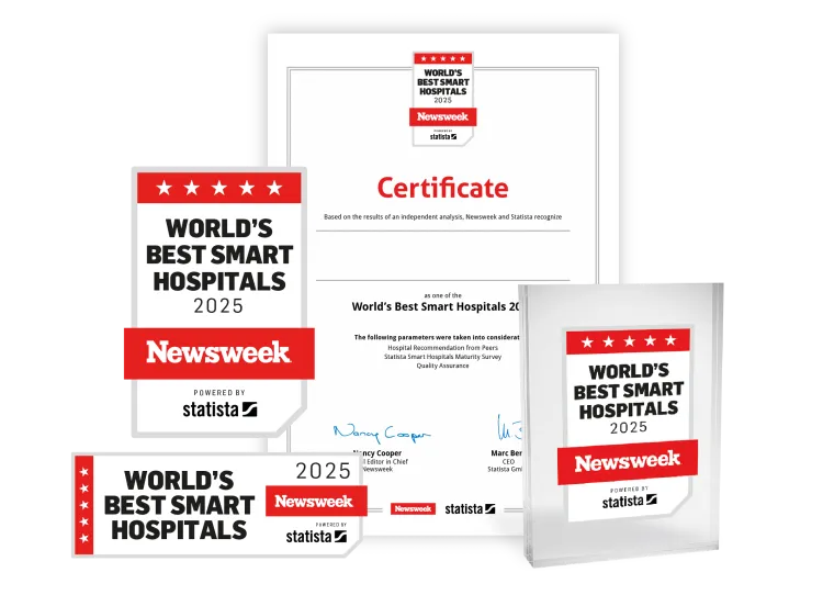 Statista and Newsweek logo, certificate and trophy mockup for World's Best Smart Hospitals 2025.