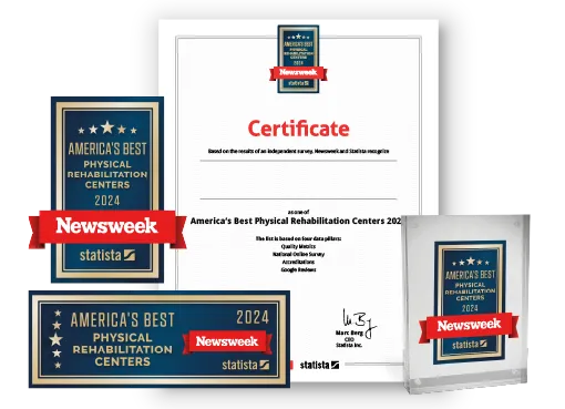 Statista and Newsweek logo, certificate and trophy mockup for America’s Best Physical Rehabilitation Centers 2024.