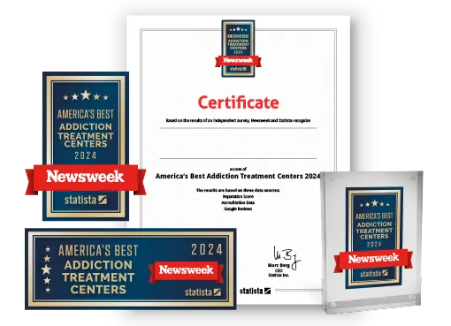 Statista and Newsweek logo, certificate and trophy mockup for America’s Best Addiction Treatment Centers 2024.