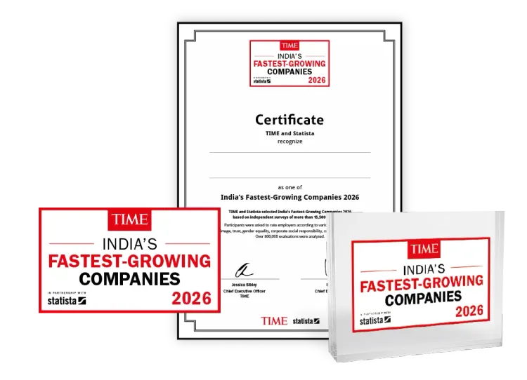 Statista and TIME logo, certificate and trophy mockup for India's Fastest-Growing Companies 2026.