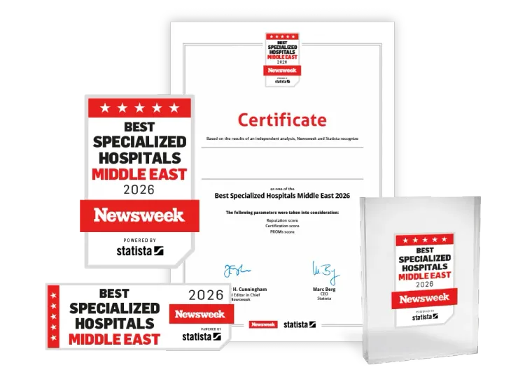 Statista and Newsweek logo, certificate and trophy mockup for Best Specialized Hospitals Middle East 2026.