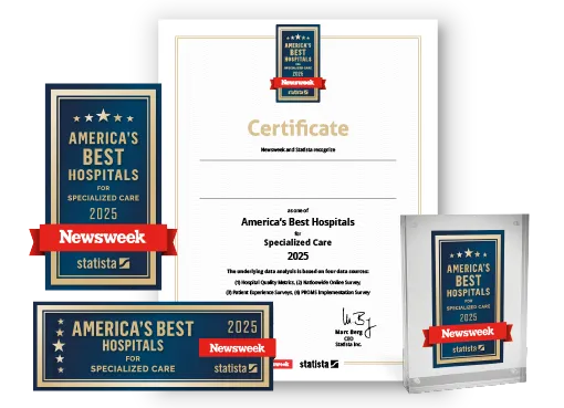 Statista and Newsweek logo, certificate and trophy mockup for America’s Best Hospitals for Specialized Care 2025.