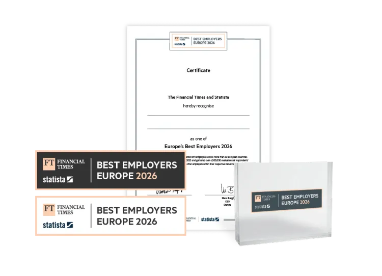 Statista and Financial Times logo, certificate and trophy mockup for Europe’s Best Employers 2026.