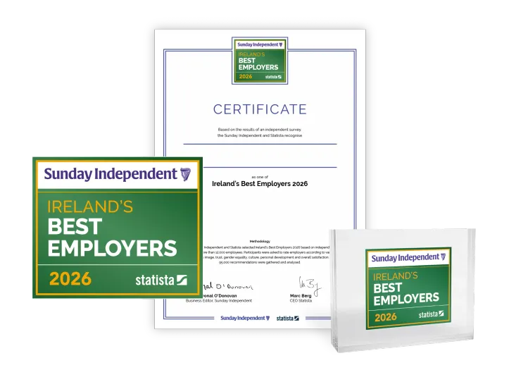 Statista and Sunday Independent logo, certificate and trophy mockup for Ireland's Best Employers 2026.