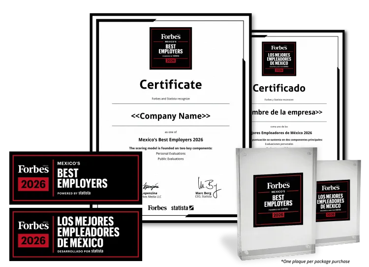 Statista and Forbes logo, certificate and trophy mockup for Mexico's Best Employers 2026.