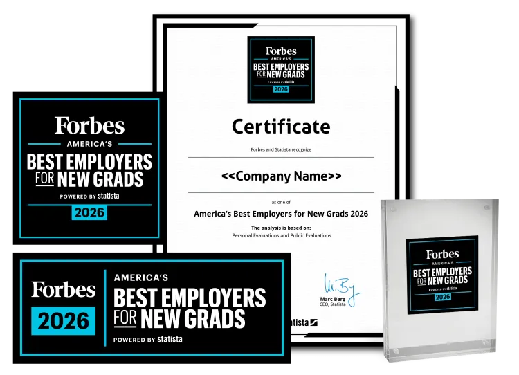 Statista and Forbes logo, certificate and trophy mockup for America's Best Employers for New Grads 2026.