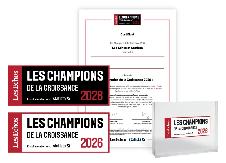 Statista and Les Echos logo, certificate and trophy mockup for Les Champions de la Croissance 2026 (France’s Fastest Growing Companies 2026).