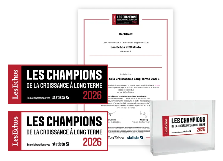 Statista and Les Echos logo, certificate and trophy mockup for Les Champions de la Croissance à long terme 2026 (France’s Long-Term Growth Champions 2026).
