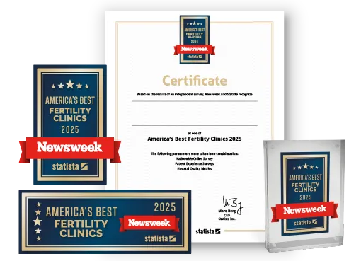 Statista and Newsweek logo, certificate and trophy mockup for America's Best Fertility Clinics 2025.