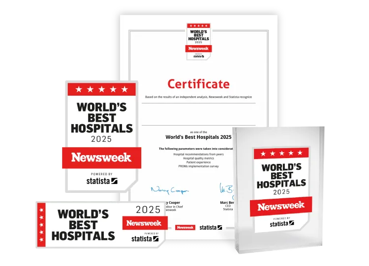 Statista and Newsweek logo, certificate and trophy mockup for World's Best Hospitals 2025.