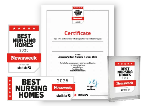 Statista and Newsweek logo, certificate and trophy mockup for America's Best Nursing Homes 2025.