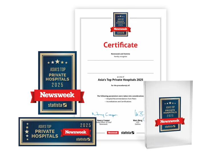 Statista and Newsweek logo, certificate and trophy mockup for Asia’s Top Private Hospitals 2025.