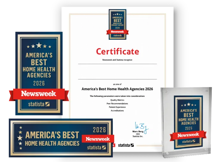 Statista and Newsweek logo, certificate and trophy mockup for America's Best Home Health Agencies 2026.
