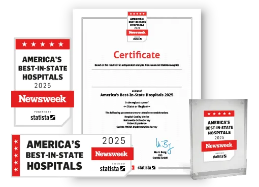 Statista and Newsweek logo, certificate and trophy mockup for America's Best-in-State Hospitals 2025.