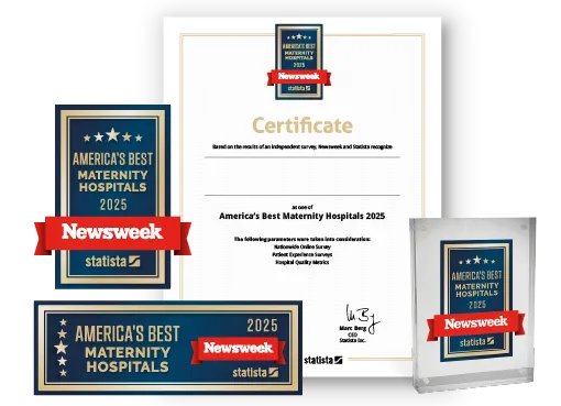 Statista and Newsweek logo, certificate and trophy mockup for America’s Best Maternity Hospitals 2025.