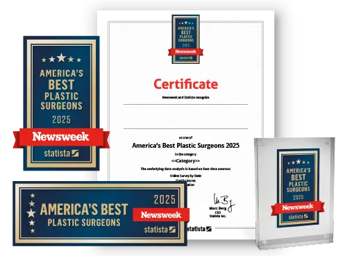 Statista and Newsweek logo, certificate and trophy mockup for America's Best Plastic Surgeons 2025.