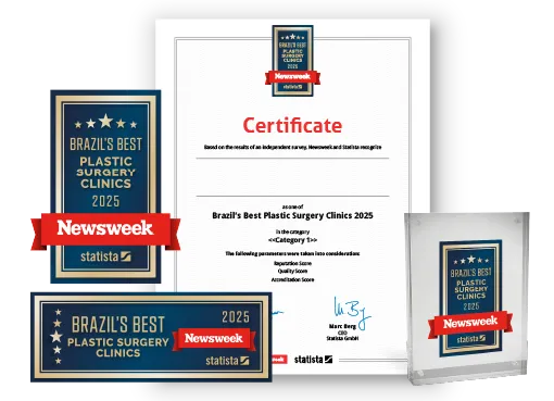 Statista and Newsweek logo, certificate and trophy mockup for Brazil’s Best Plastic Surgery Clinics 2025.