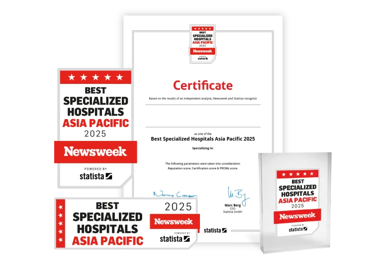 Statista and Newsweek logo, certificate and trophy mockup for Best Specialized Hospitals Asia Pacific 2025.