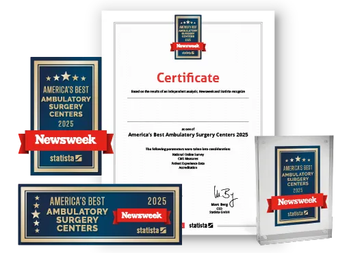 Statista and Newsweek logo, certificate and trophy mockup for America’s Best Ambulatory Surgery Centers 2025.